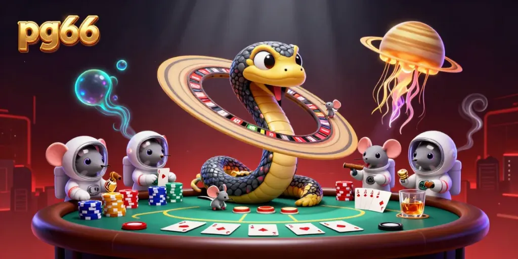 Experience thrilling bets at pg66 with 3D snakes and astronaut mice in a vibrant casino scene.