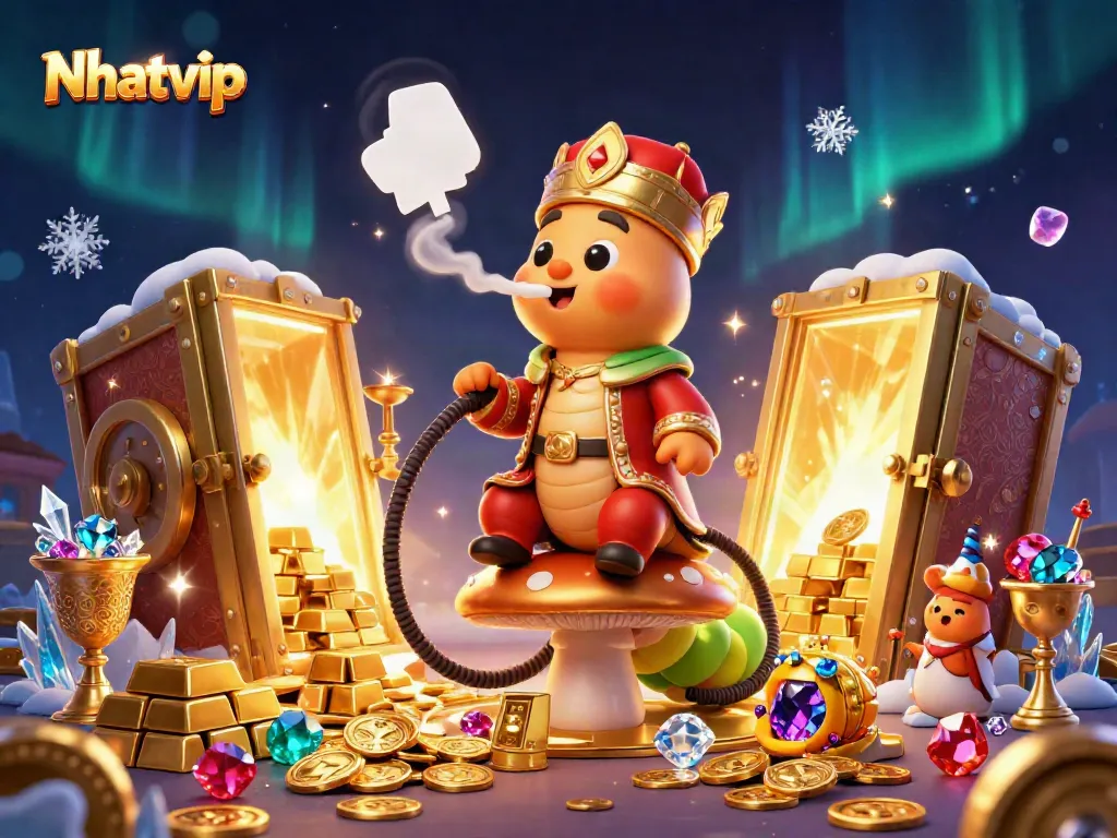 Nhatvip offers a vibrant casino scene featuring a caterpillar hookah-master, gold coins, and poker hand symbols.