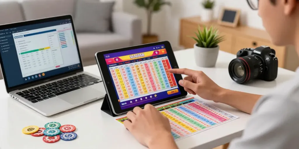 Engaged player exploring togel results on a tablet with colorful lottery slips around.