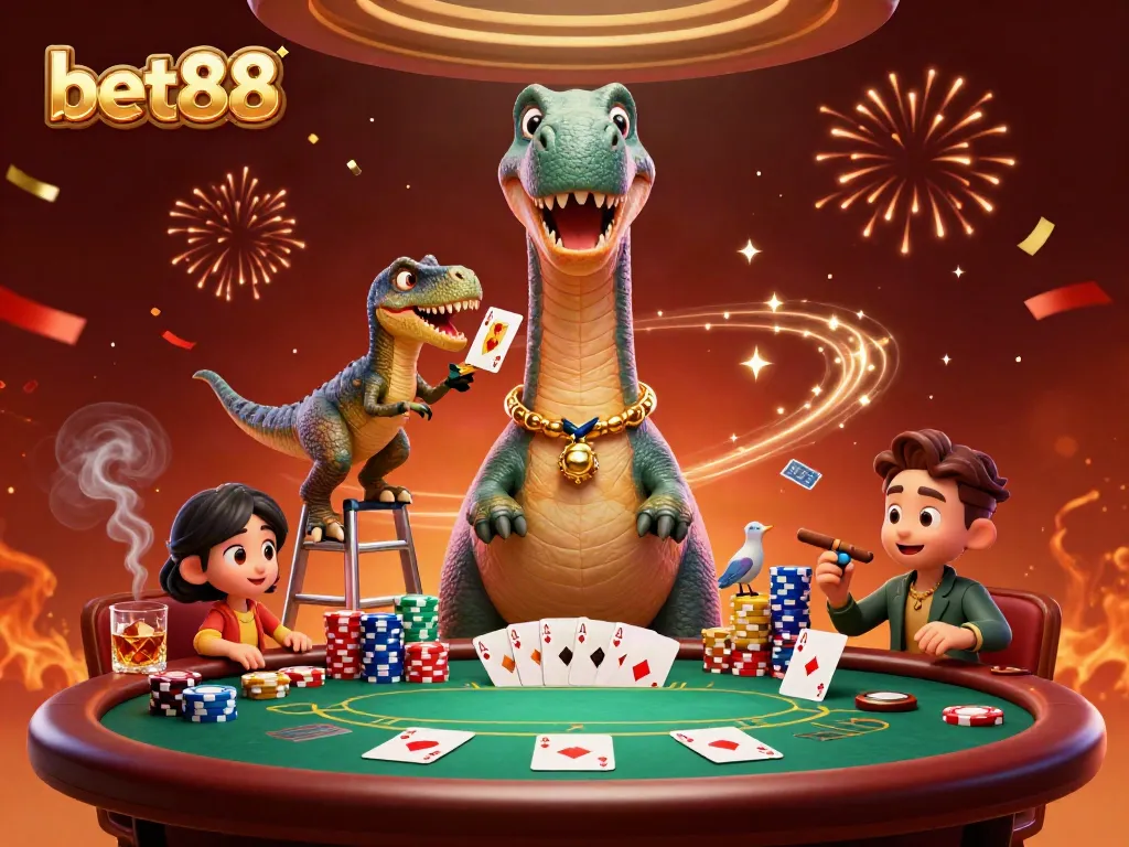 Bet88's exciting casino scene with a tall brontosaurus and a clever raptor dealing cards at a poker table.