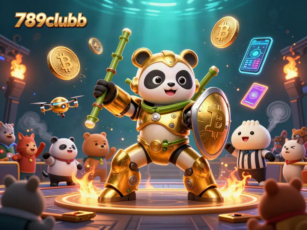 Experience thrilling gameplay at 789clubb with golden panda piloting a robot in an action-packed, colorful arena.