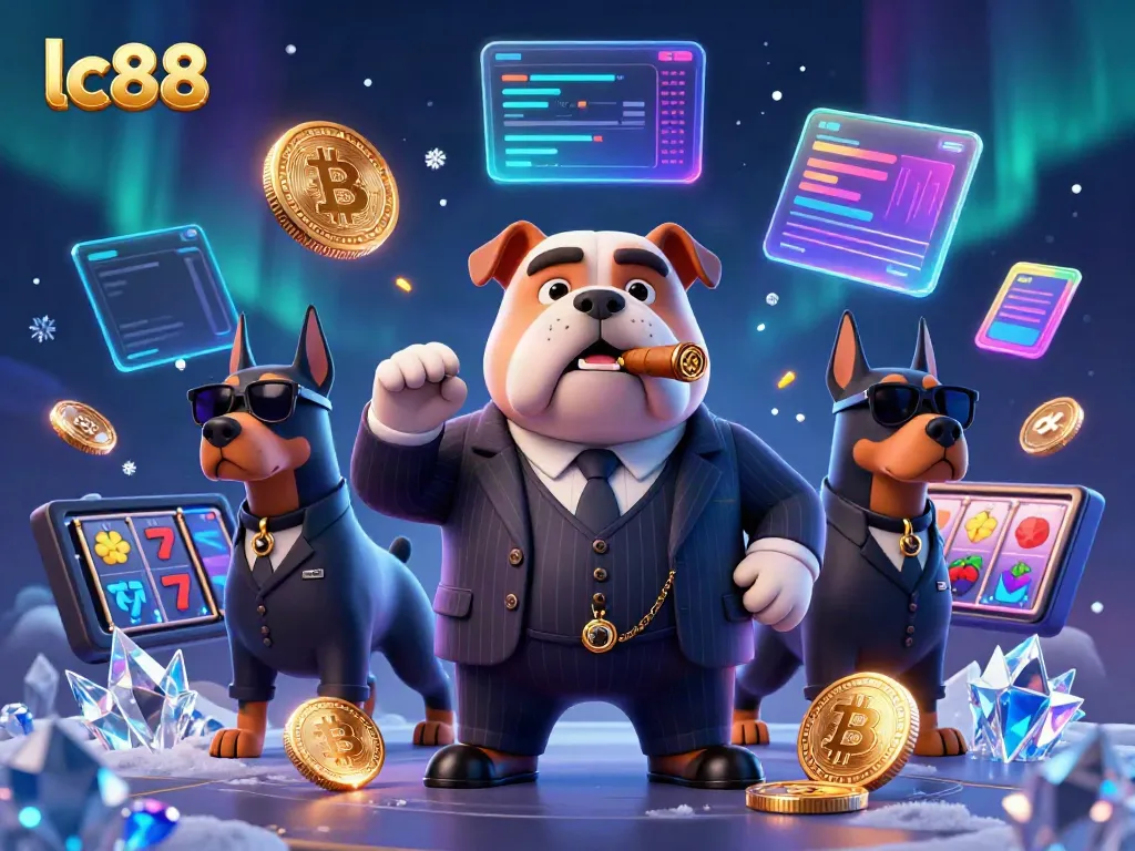 lc88 mafia boss bulldog surrounded by slot machines, Bitcoin coins, and neon elements in a vibrant 3D scene.