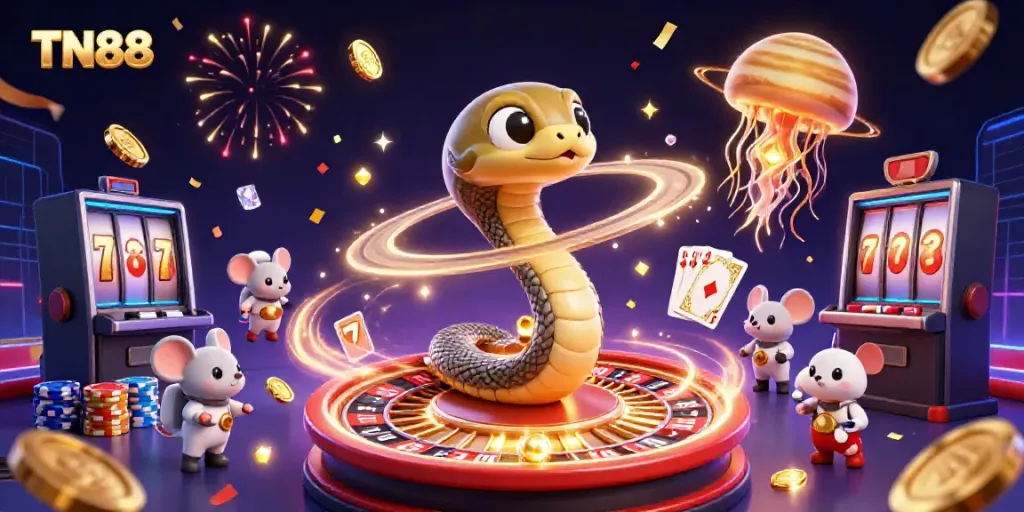 Experience excitement at TN88 with a vibrant cosmic casino scene featuring an animated roulette wheel.