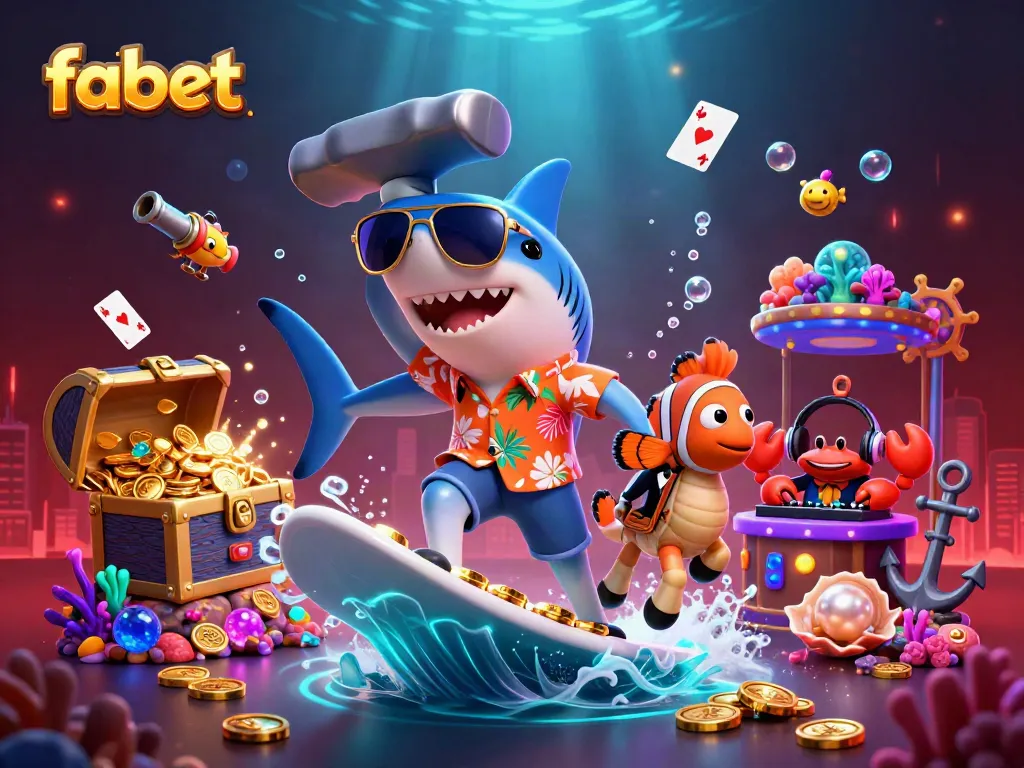 Experience thrilling wins with fabet in a vibrant underwater casino-themed 3D illustration.