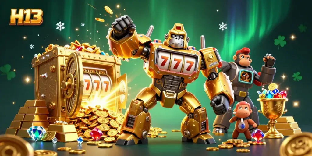 Experience the excitement of H13 with a dynamic scene featuring a golden gorilla mech and treasure.