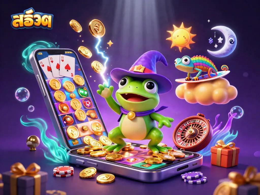 Engage with สล็อต in a vibrant 3D scene filled with golden coins and animated casino elements.