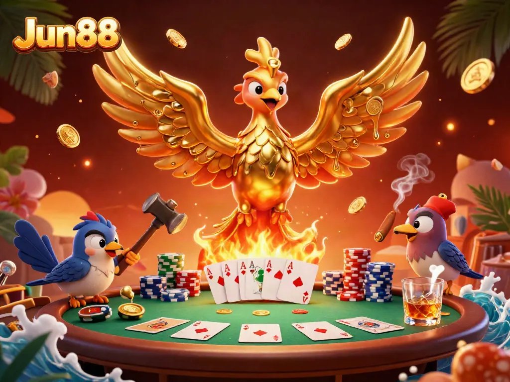 Experience the thrill of Jun88, featuring a phoenix and sparrow assistants at a poker table, symbolizing luck and fortune.