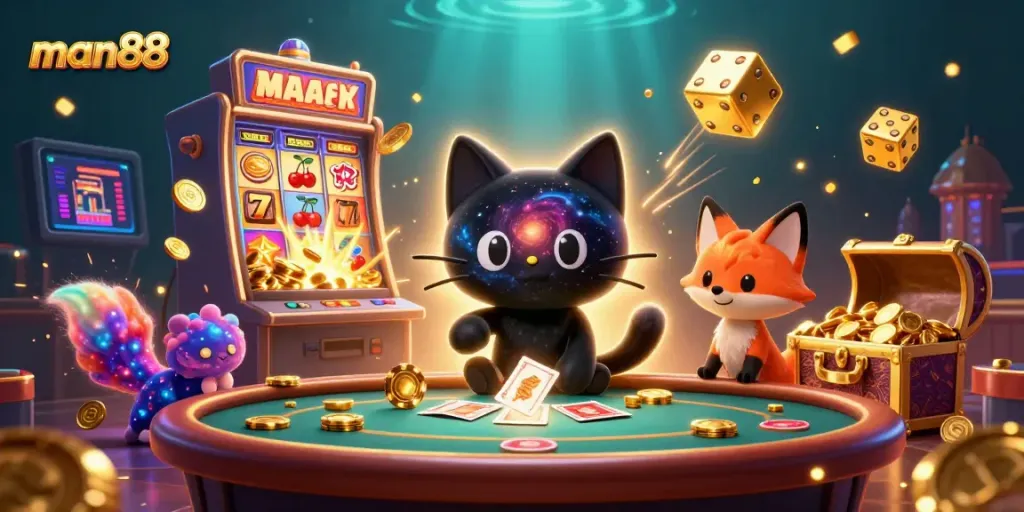 Experience thrilling wins at man88 with a cosmic casino scene full of jackpot explosions and colorful details.