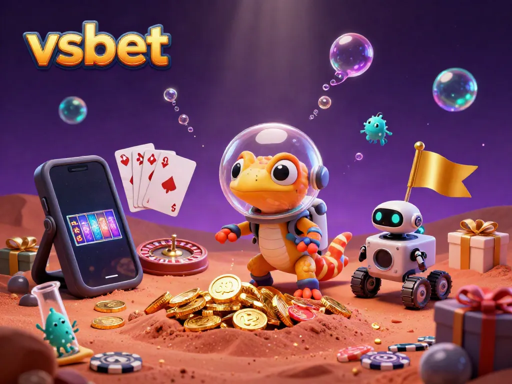 An ultra-detailed 3D scene featuring a Martian gecko exploring a golden casino, representing the thrills of vsbet gambling.