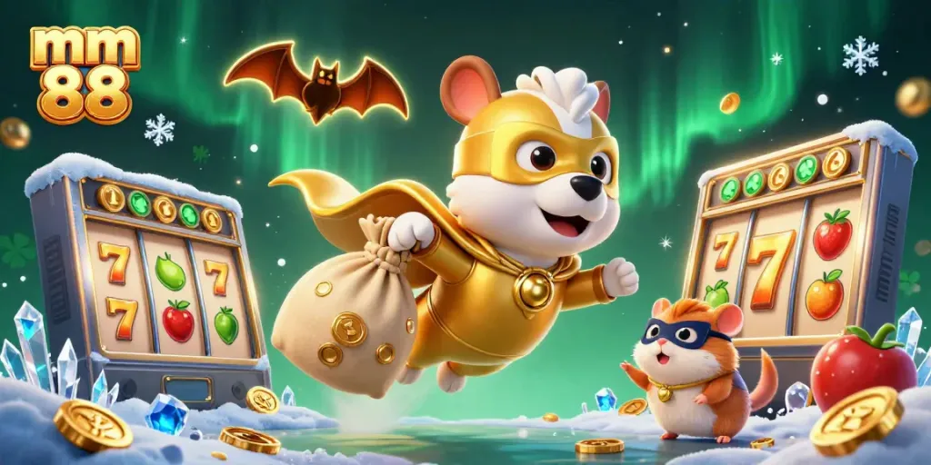 Experience mm 88 with a superhero dog and hamster flying high over slot machines and golden coins.