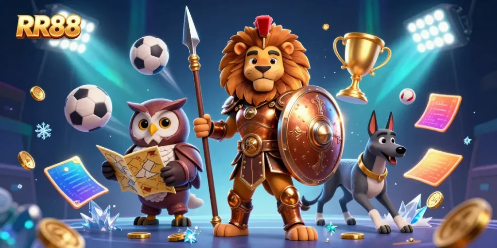 RR88 showcases an energetic scene with a Spartan lion, owl strategist, and greyhound amidst dynamic sports elements.