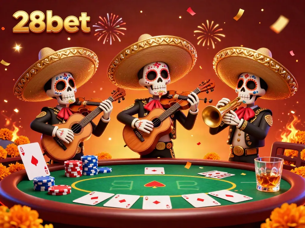 Experience the vibrant atmosphere of 28bet with a lively mariachi band performing at a bustling poker table.
