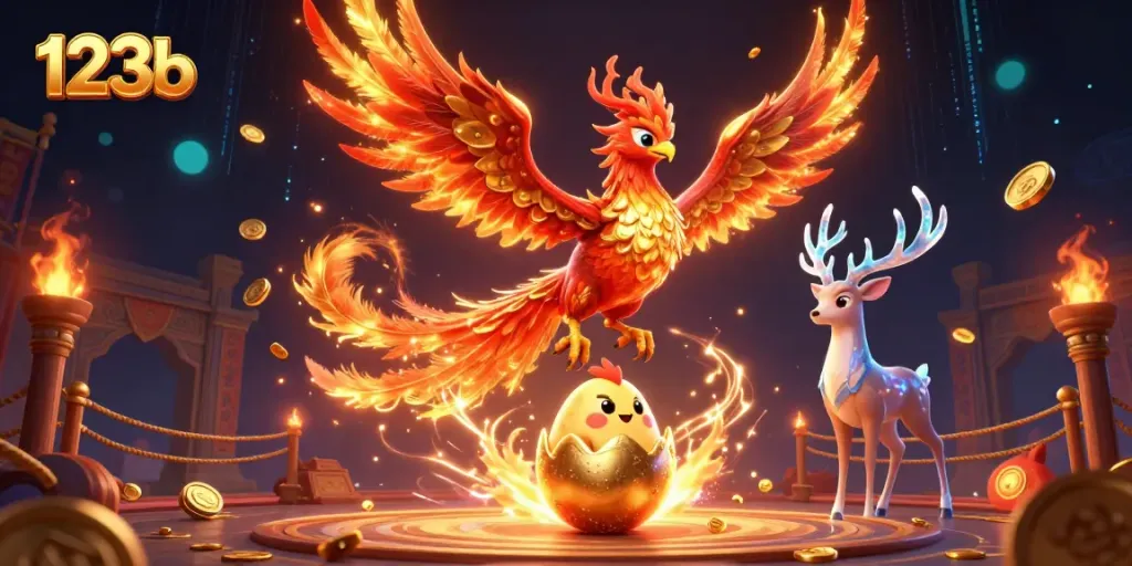 Experience the thrilling world of 123b with a fire phoenix and gold coins in stunning detail.