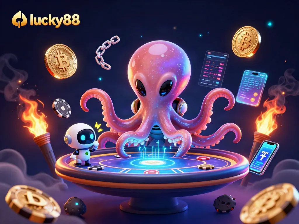 Engage in thrilling games at lucky88 with an alien octopus and robotic companion at a holographic poker table.