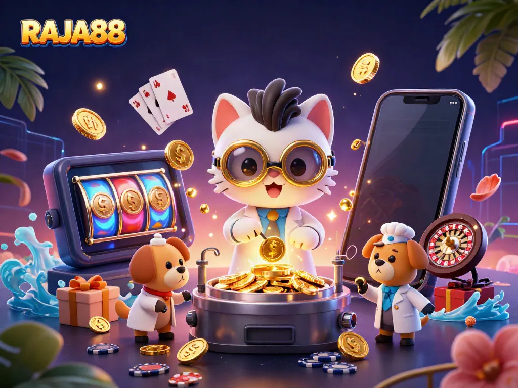 Experience exciting gambling innovations at RAJA88 with vibrant casino elements and engaging characters.