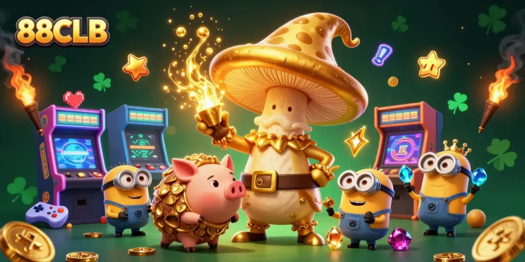 Experience the magic of 88CLB with a wizard, pig, and gem-carrying minions in a casino adventure.