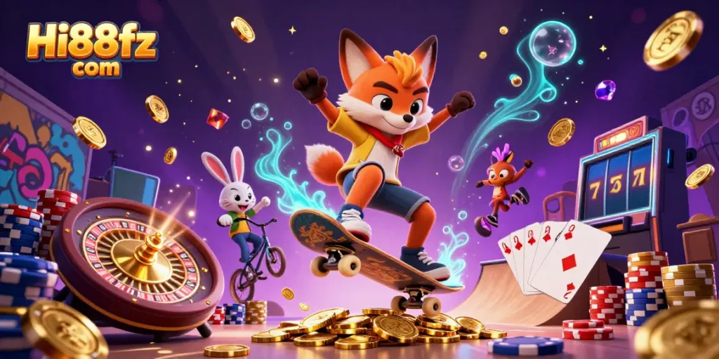 Experience the excitement at Hi88fz com with a dynamic casino-themed illustration.