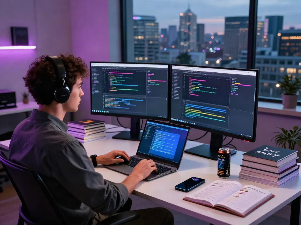 Developer coding in a modern workspace with dual monitors showcasing istana404 software projects in a focused environment.