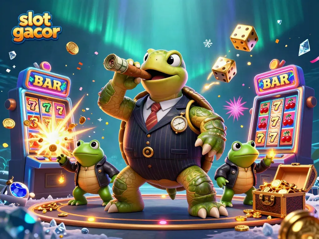 Experience the excitement of slot gacor with a vibrant, cartoon casino scene featuring a charming snapping turtle and bullfrog enforcers.