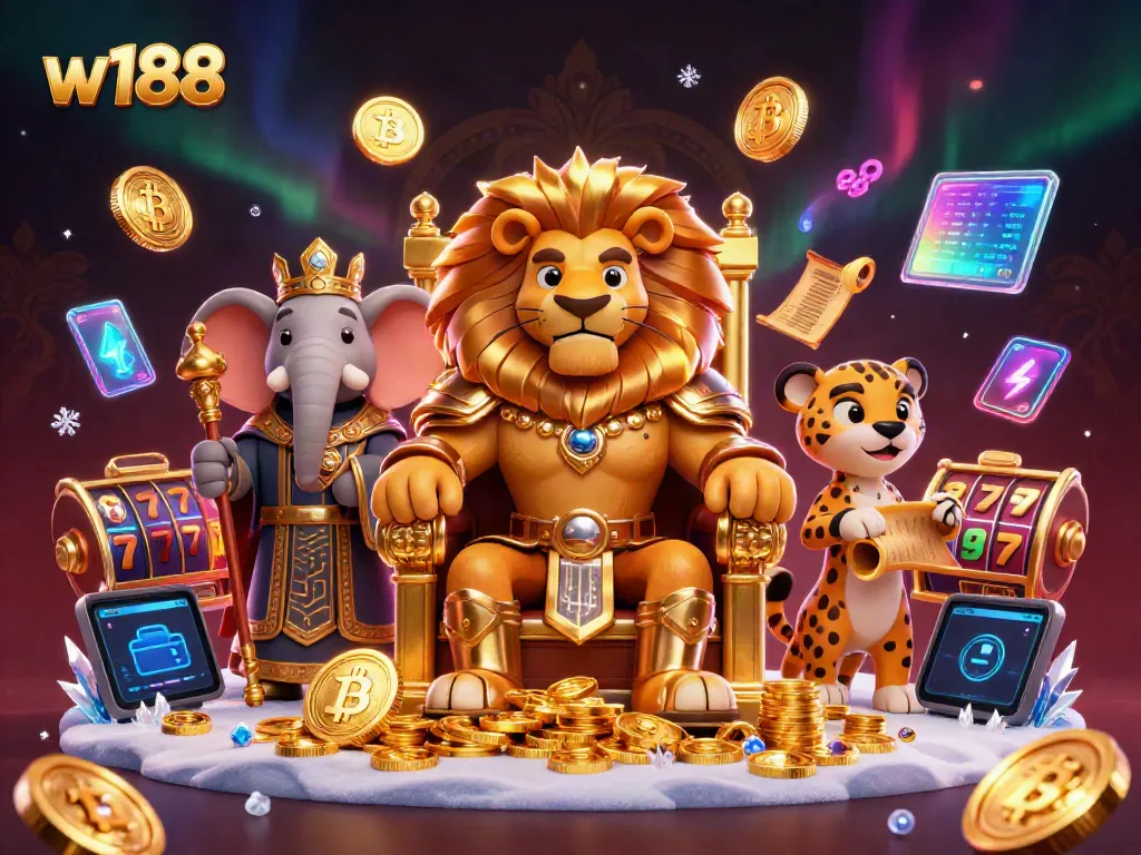 Experience the vibrant and royal w188 casino scene with a lion king amidst gold coins, enhancing your online gaming adventure.