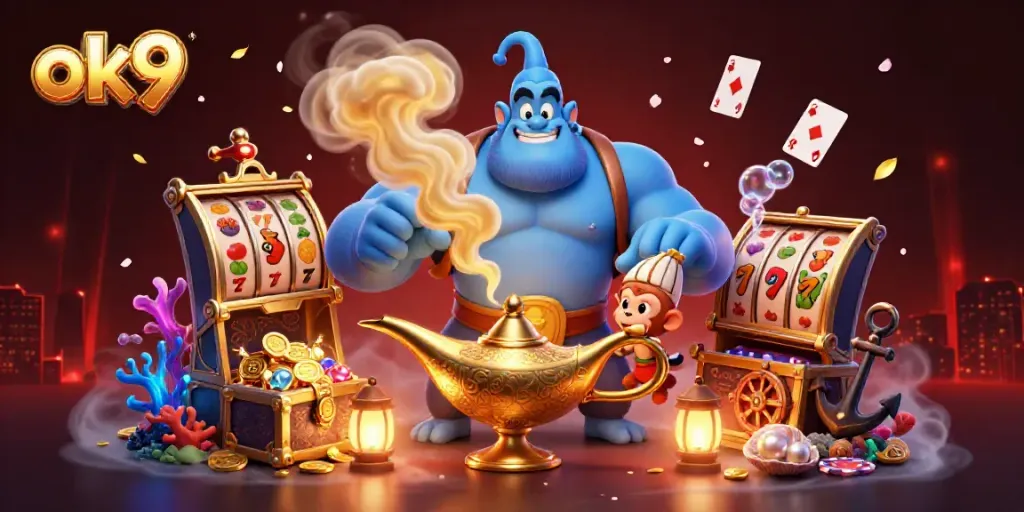 Spin the reels with the ok9 magic lamp and genie in a vibrant casino scene.