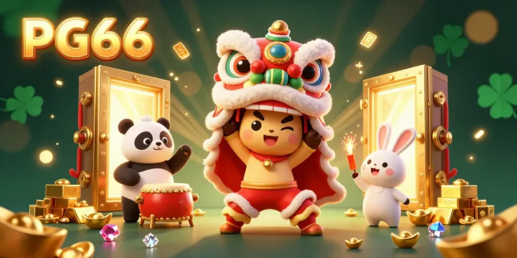 Engage with the vibrant PG66 casino scene featuring dancing characters, treasure vaults, and sparkling gems.