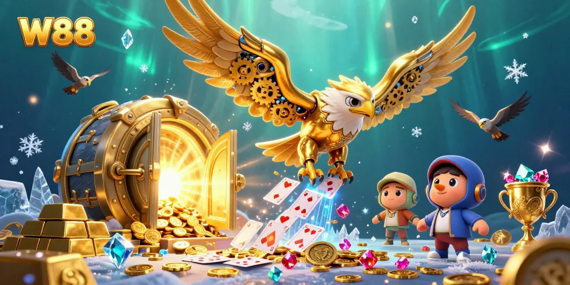 Experience excitement with W88 as a cybernetic eagle dives through holographic cards.