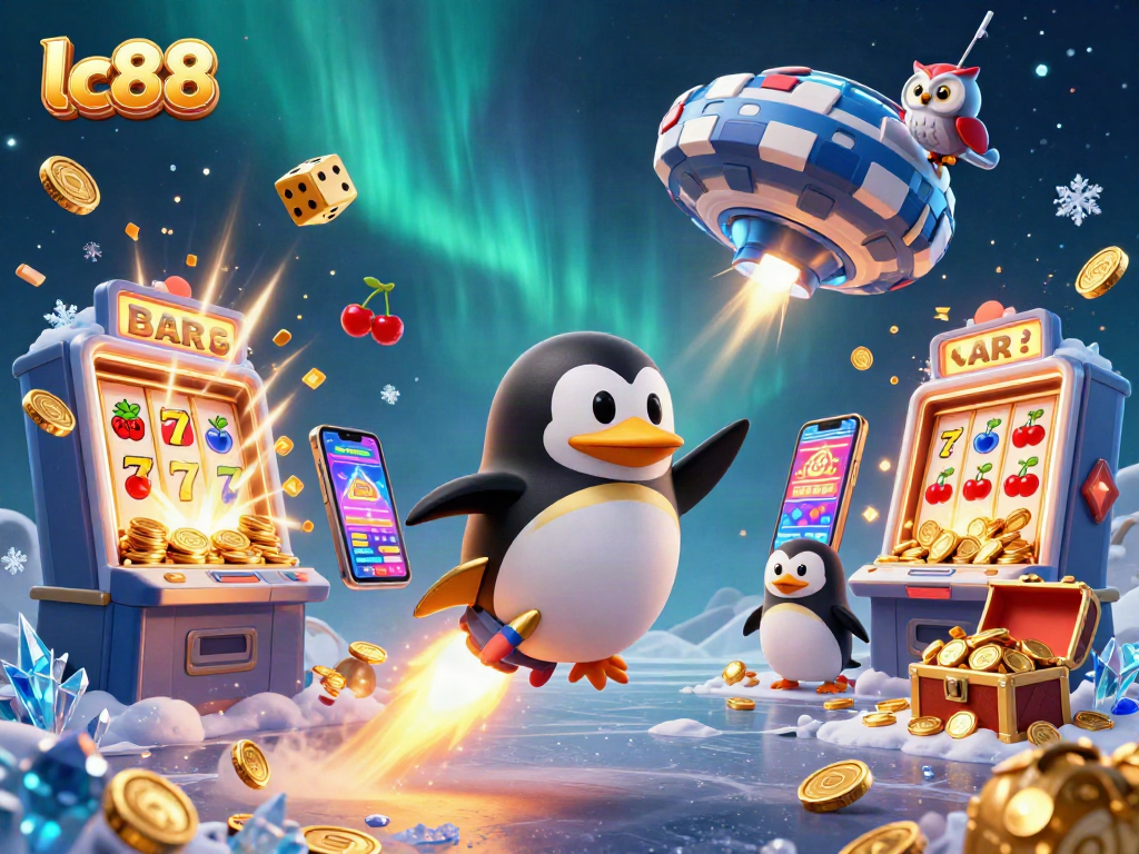 Play exciting games at lc88 featuring a dynamic scene of a golden penguin in a vibrant casino setting.