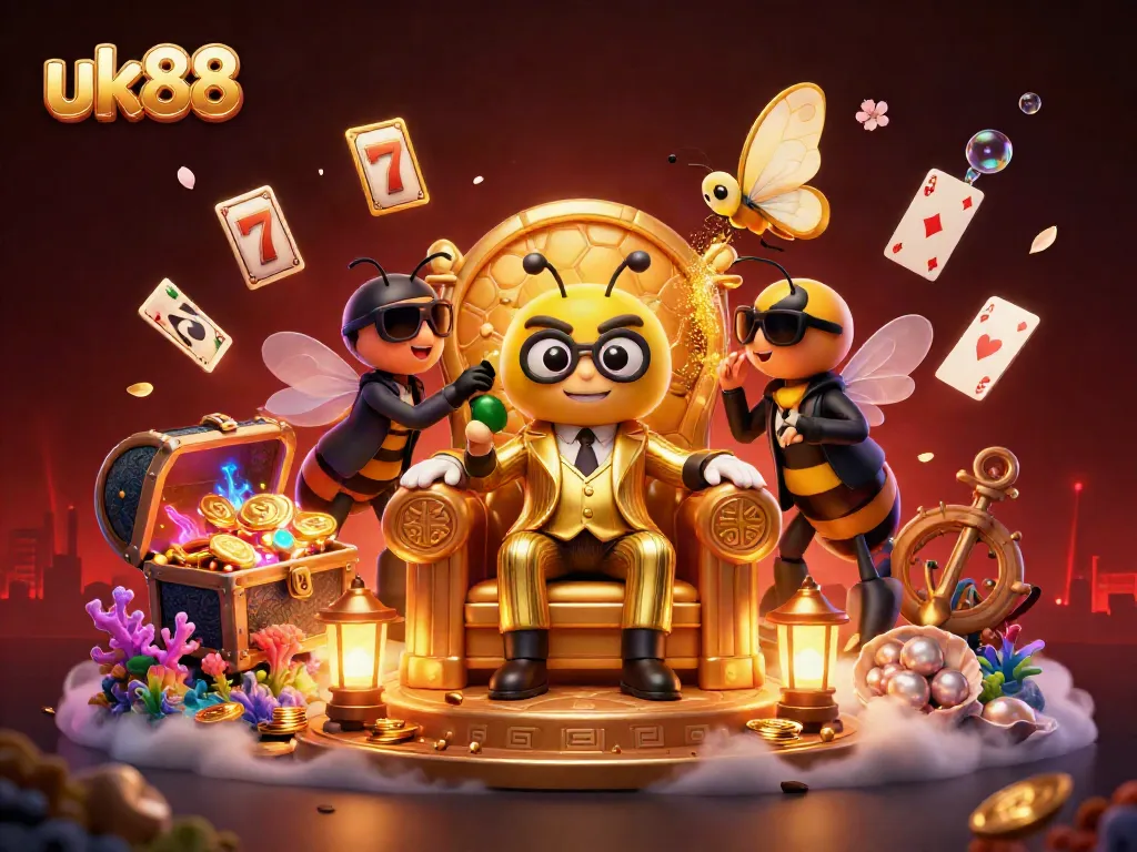 uk88 showcases a dynamic casino scene with a mob boss, slot reels, and treasures!