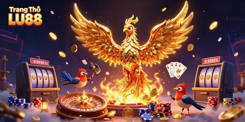 Engage with the magic of Trang Chủ LU88, featuring a molten metal phoenix amidst cascading coins and casino elements.