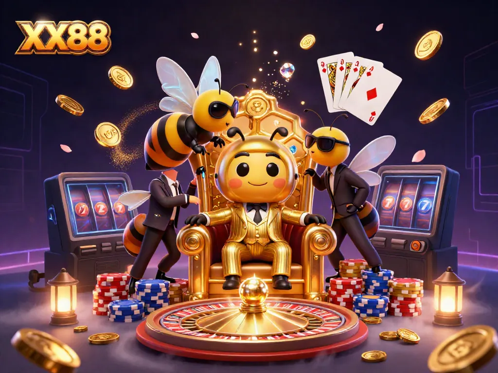 Experience the thrill with XX88's vibrant casino scene, featuring a bumblebee mob boss in a golden throne surrounded by abundant game elements.