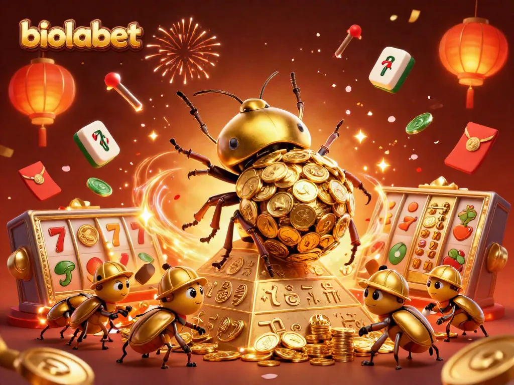 Experience thrilling gameplay at biolabet with golden coins and slot symbols in a festive 3D casino scene.