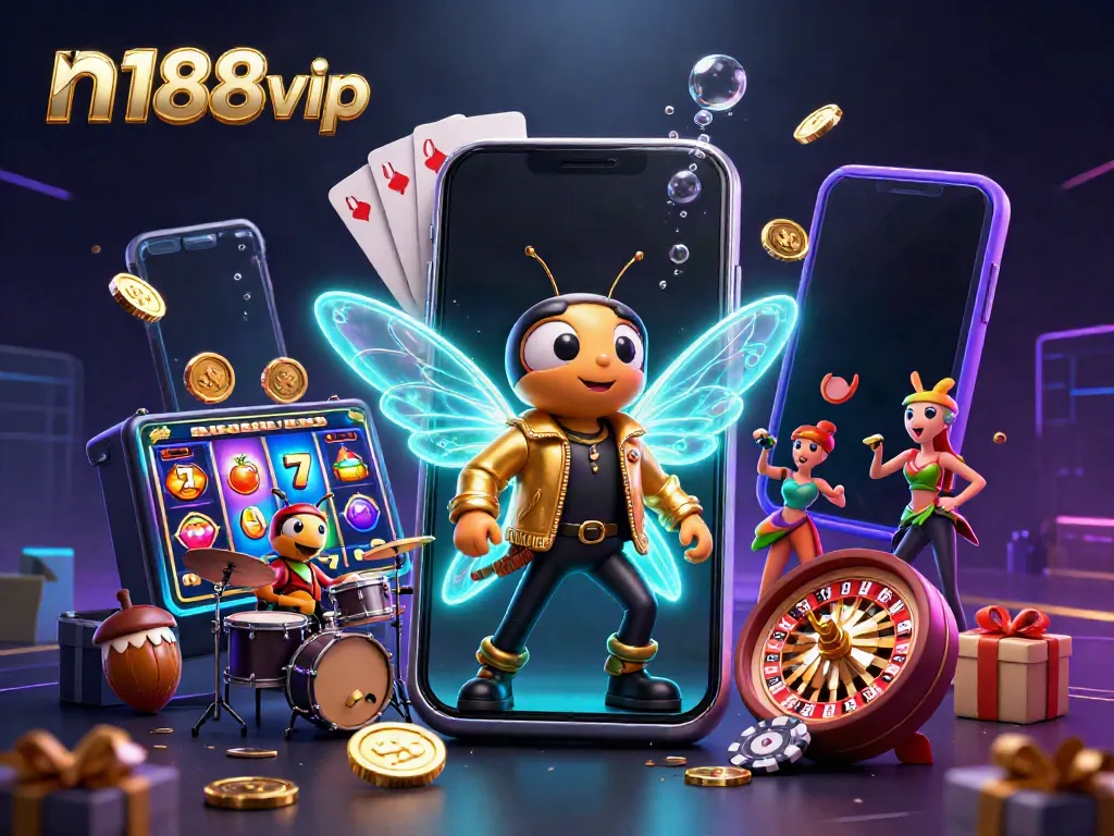 Experience the excitement of n188vip with a vibrant 3D casino scene featuring a rock star cicada and engaging game elements.