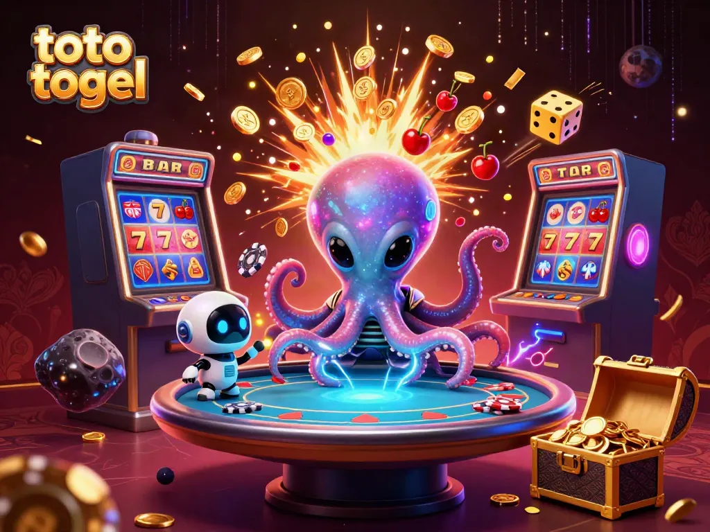 Melibatkan toto togel dengan alien kartun dan robot sedang bermain poker di meja holografik dalam suasana ceria.