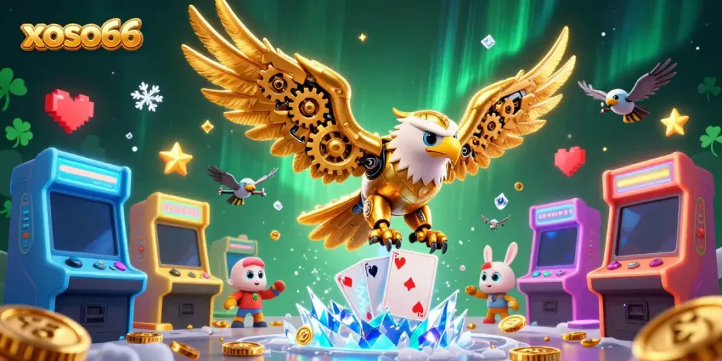 Experience the thrill of online gaming with xoso66, where a cybernetic eagle dives through holographic playing cards.