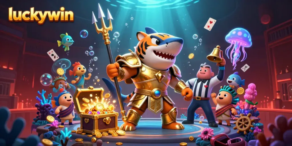 Experience thrilling casino excitement with luckywin illustrated in 3D shark gladiator battle scene.