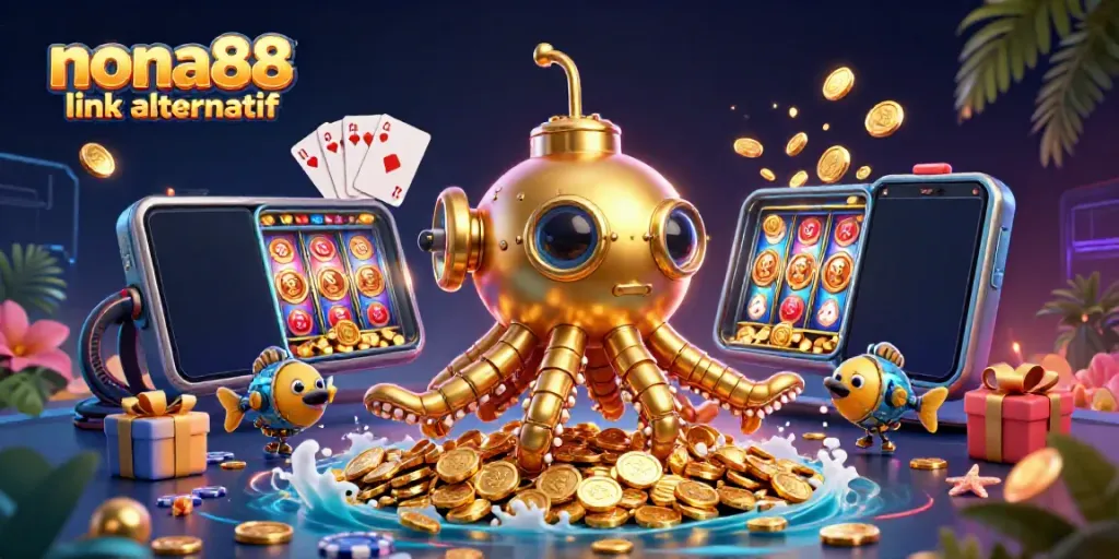 Engage with the thrilling world of nona88 link alternatif through a vibrant casino fantasy featuring a golden kraken and slot games.