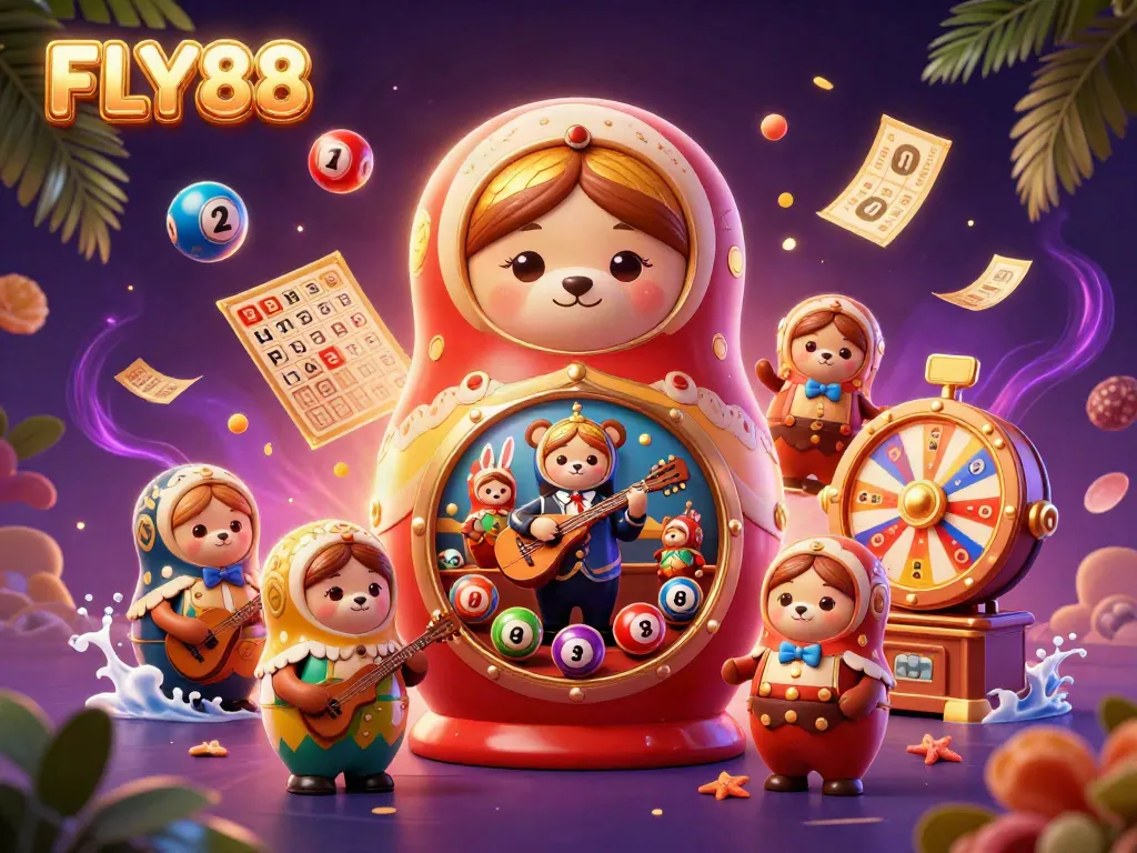 Experience the thrill of FLY88 with vibrant casino elements in a whimsical 3D scene.