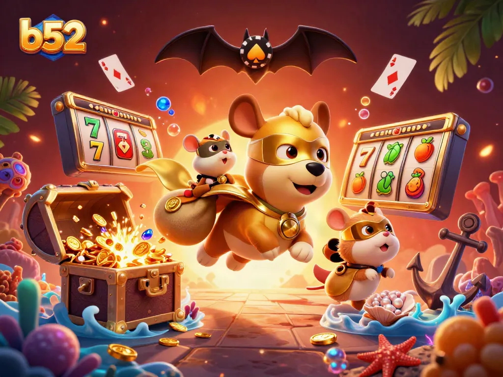 Experience exhilarating b52 casino action with a heroic dog and hamster in a vibrant gaming scene.