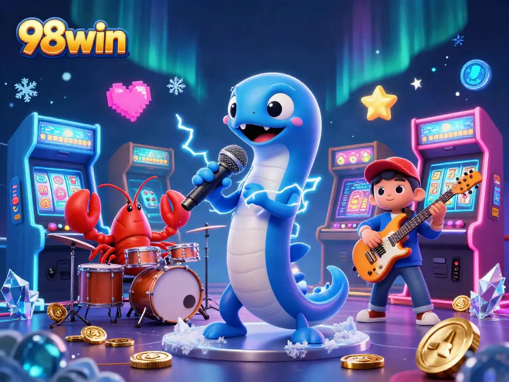 Experience the vibrant underwater casino stage with 98win's dazzling characters, electric eel DJ, and lively game machines.