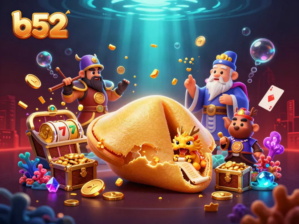 Spin and win with b52's casino-themed magical illustration showcasing riches and vibrant characters.