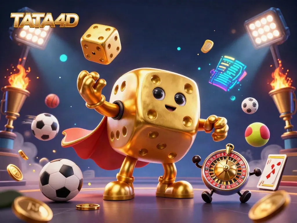 Experience the excitement of live sports betting with TATA4D's vibrant 3D casino illustration featuring dynamic characters and gaming elements.