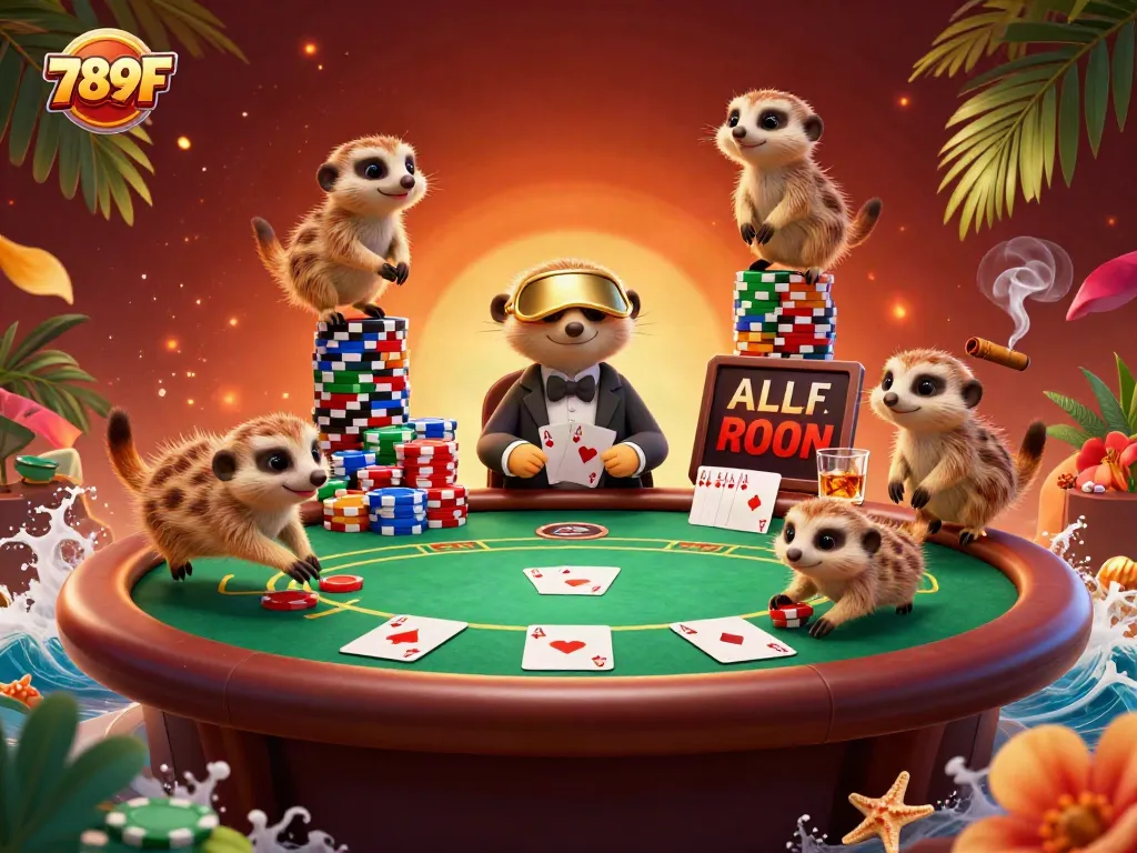 Meerkat casino scene showcasing 789F, card dealers and pit boss manage a vibrant poker game with playful dynamics.