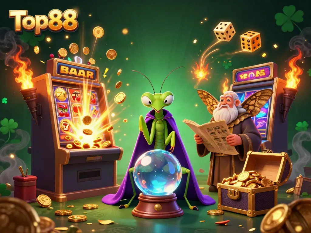 Experience the magic of Top88 with a fortune teller and moth librarian in a vibrant casino scene.