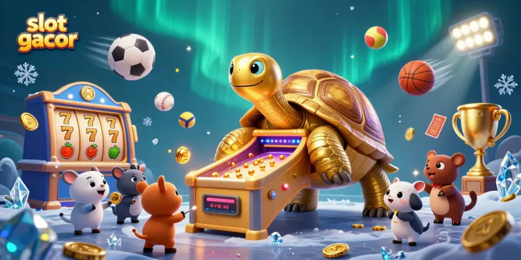 Slot gacor dengan penyu emas dan mesin pinball, penuh aksi di arena casino.