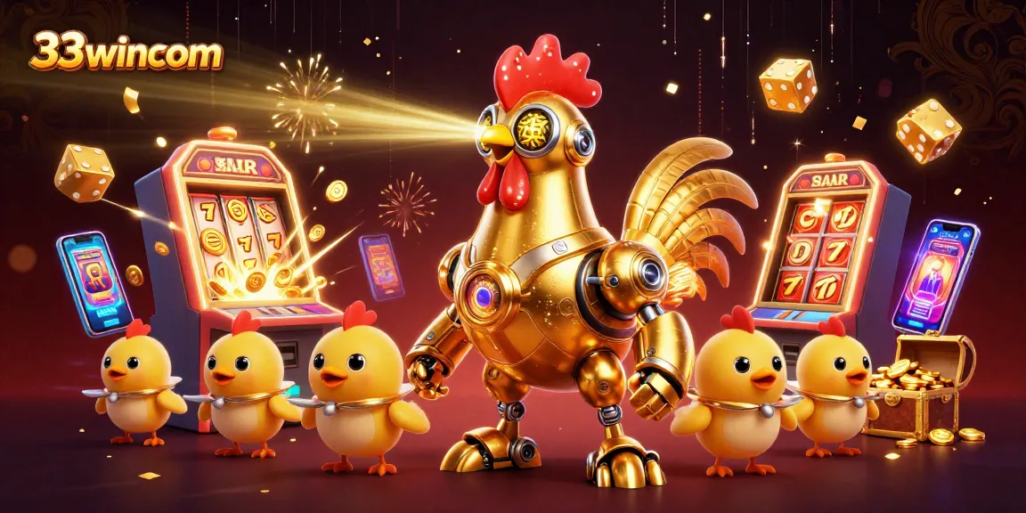 Experience thrilling wins at 33wincom with a dynamic casino scene featuring golden jackpots and laser-shooting robots.