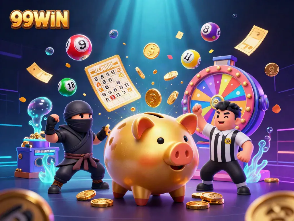 Engage with the exhilarating 99WIN gaming atmosphere featuring dynamic characters and vibrant gambling elements.