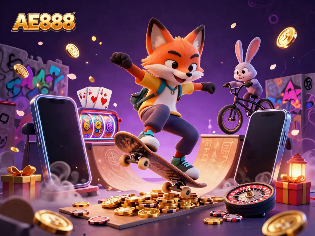 Experience AE888 excitement with a dynamic 3D scene showcasing a skateboarder fox and BMX rabbit amid casino action.