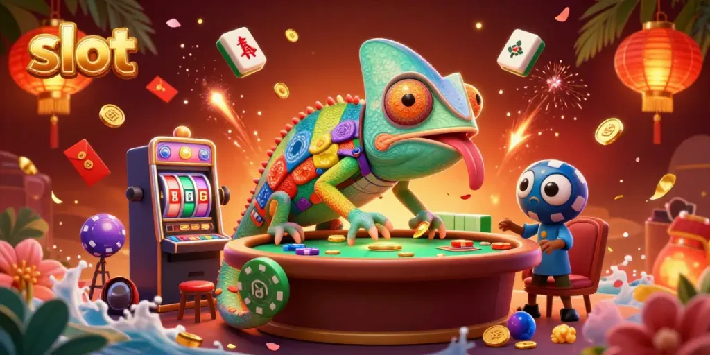 Experience thrilling slot gameplay with a vibrant chameleon and festive casino elements.