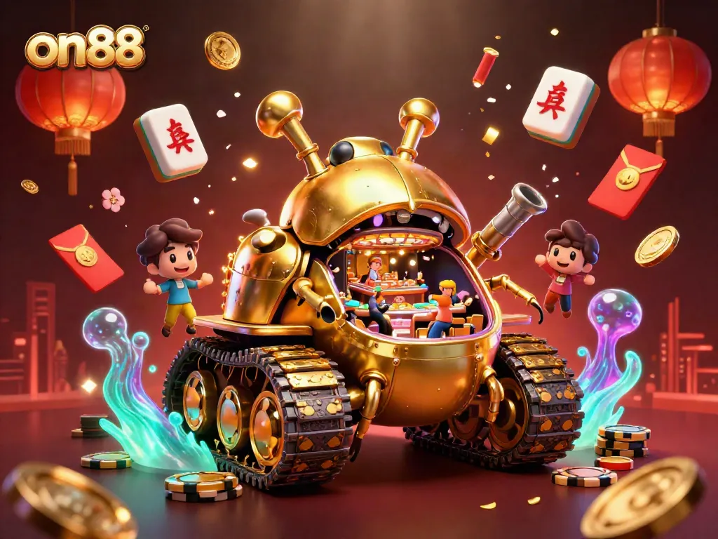 Engage with exciting games at on88, featuring a lively 3D cartoon casino scene.
